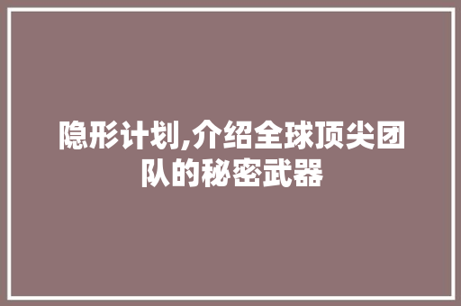 隐形计划,介绍全球顶尖团队的秘密武器