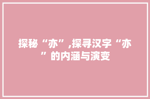 探秘“亦”,探寻汉字“亦”的内涵与演变